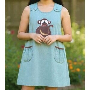 Rosalina Green‎ monkey Banana applique shirt dress girls 3T pinafore Gingham